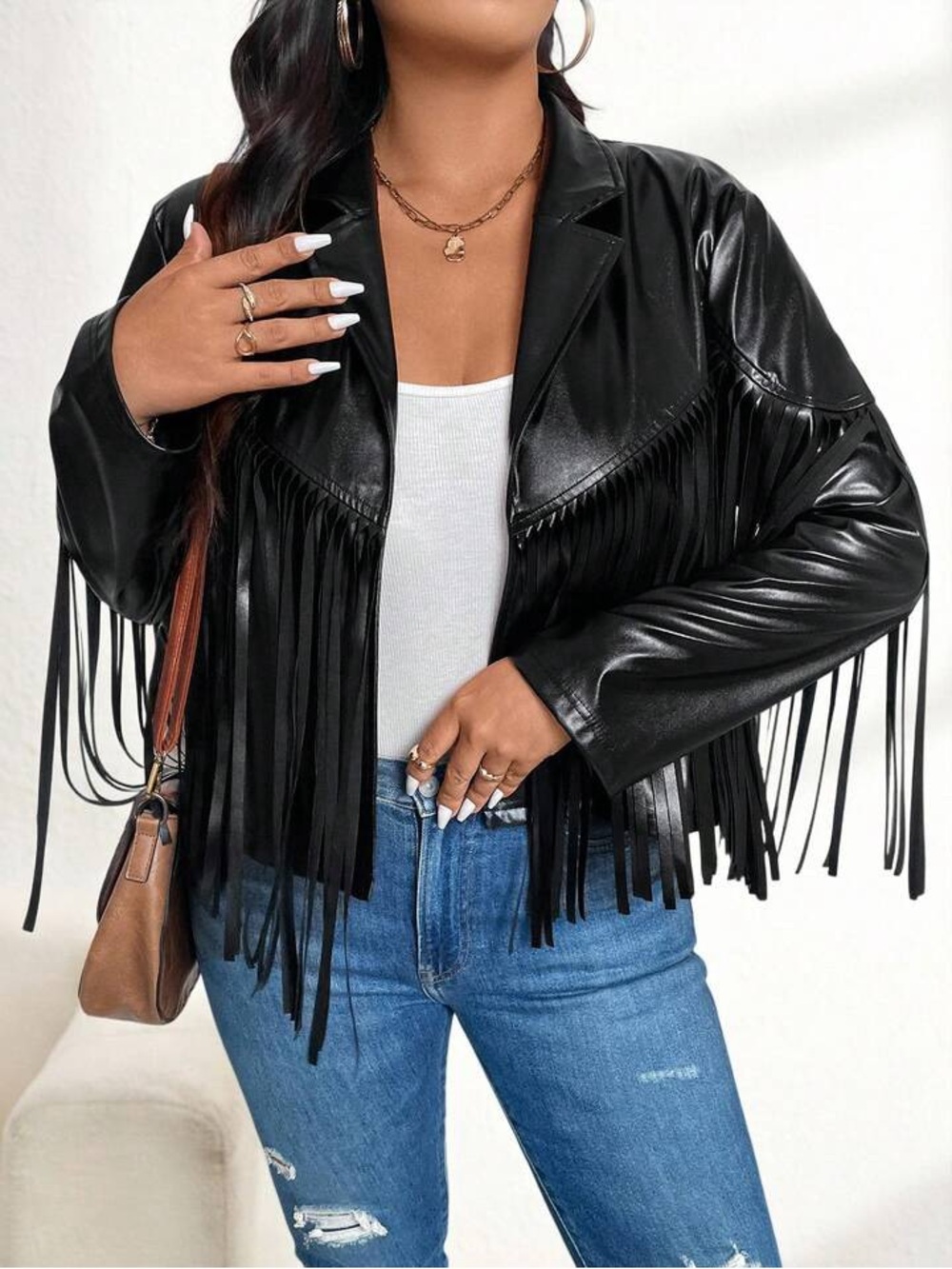 Womens Black Fringe Faux Leather moto Jacket boho blazer
